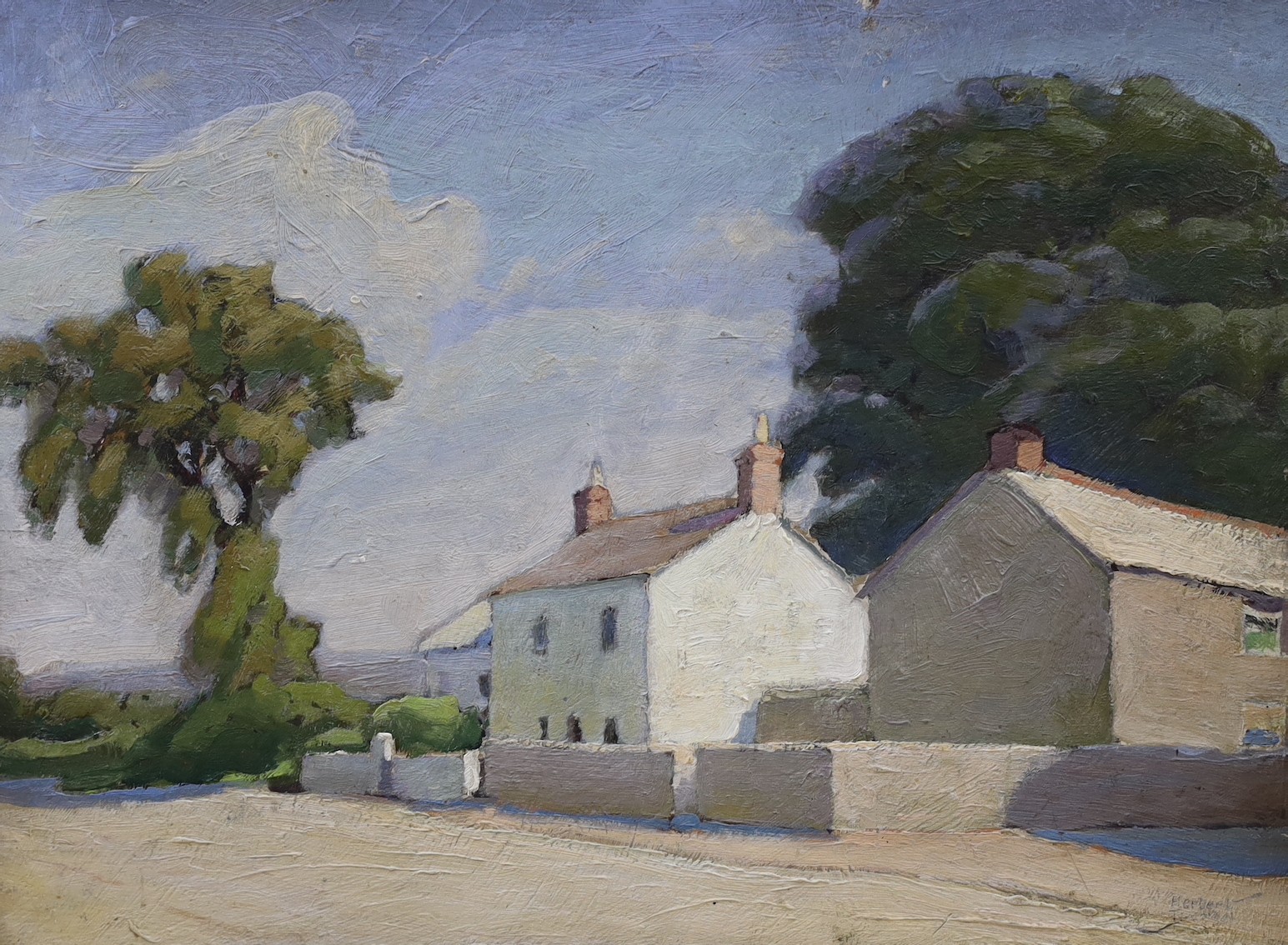 Herbert Truman (1883-1957), oil on board, ‘Sunlit Cottages’, signed, 28.5 x 39cm